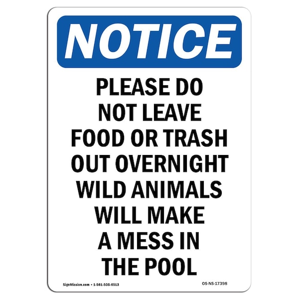Safety Sign, OSHA Notice, 5" Height, Please Do Not Leave Food Or Trash Sign, Portrait, 10PK
